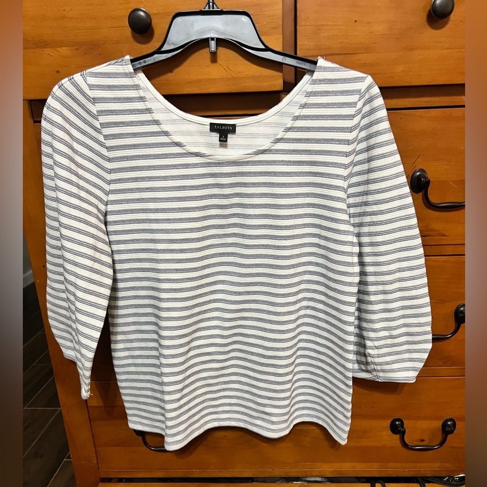 Talbots Striped Shirt Blouse Women’s L Blue/White Stripe Blouson Sleeve